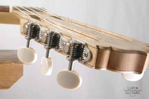Birds eye maple classical guitar headstock side view