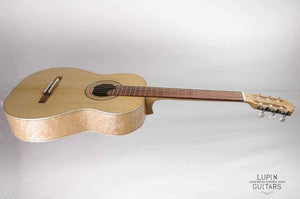 Birds eye maple classical guitar top side view